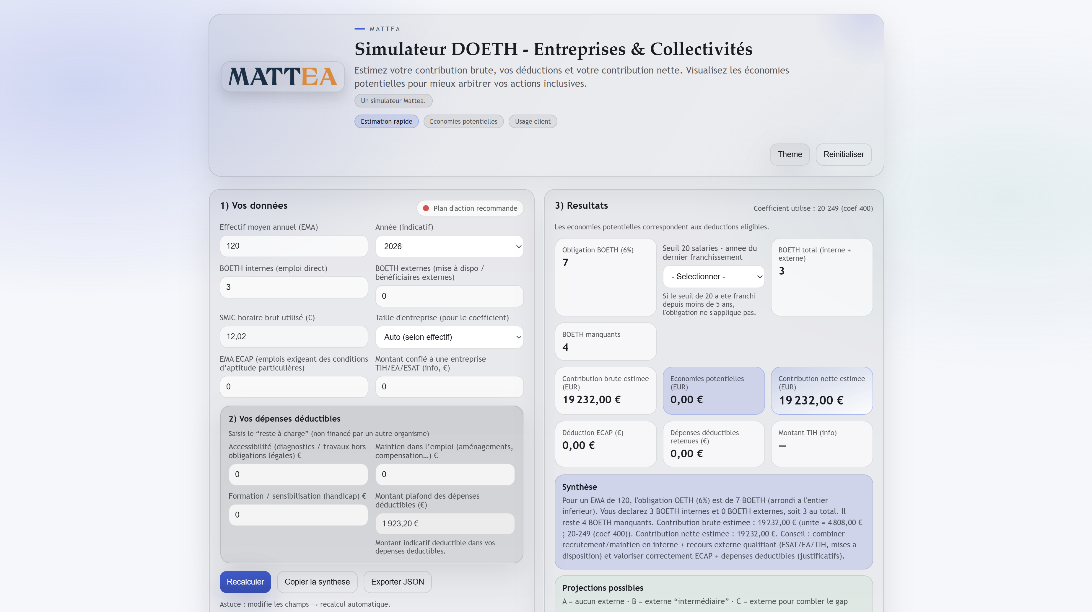 Apercu du simulateur DOETH Mattea Services